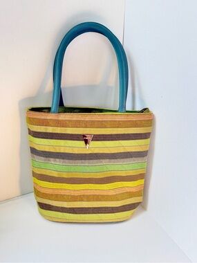 MultiColor Tote HandBag with Striped Green Shades, Good Condition, Tomato Brand